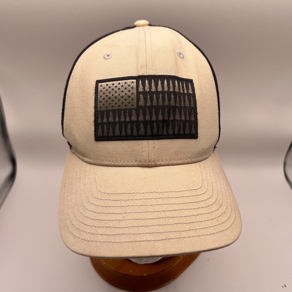Columbia PFG Trucker Hat Tan Black Tree Flag Patch Snapback Mesh Cap